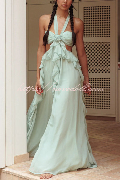 Gorgeous Vacation Halter Rose Detail Cut Out Ruffles Backless Maxi Dress