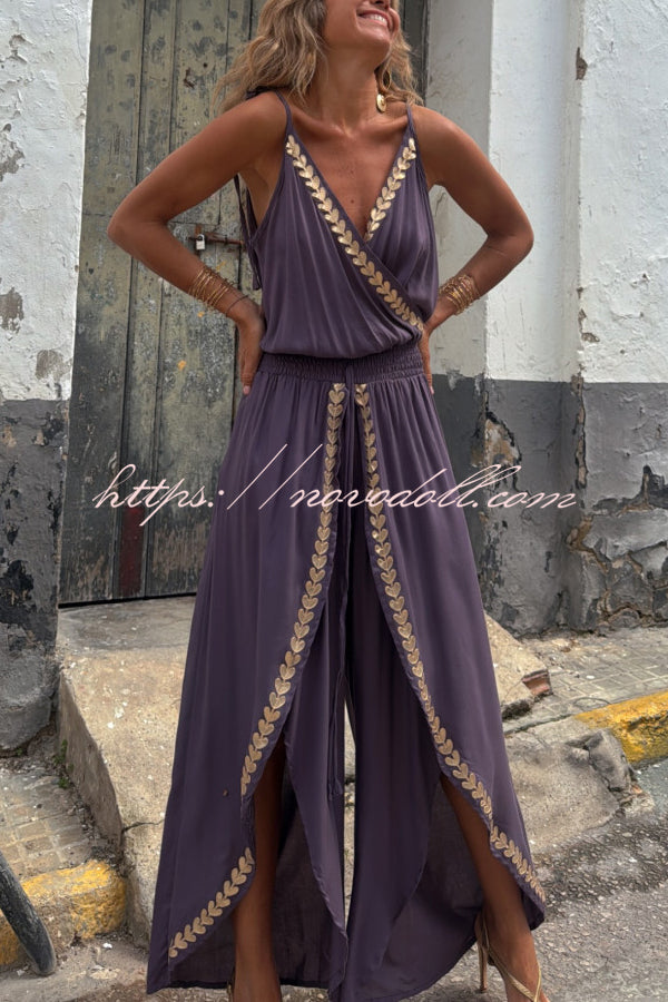 Tamia Gold Trim Elastic Waist Slit Wide Leg Slip Jumpsuit