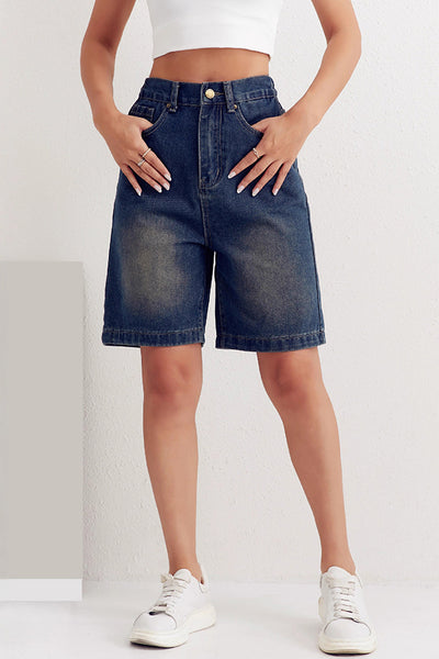 Fashionable Back Elastic Waist Pocket Casual Denim Shorts