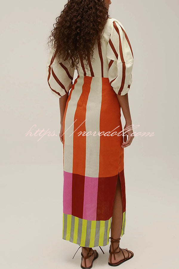 Kaya Linen Blend Color Block Print Front Cutout Knot Puff Sleeve Maxi Dress