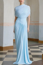Elegant Mesh Cape-style Pleated Draped Maxi Dress