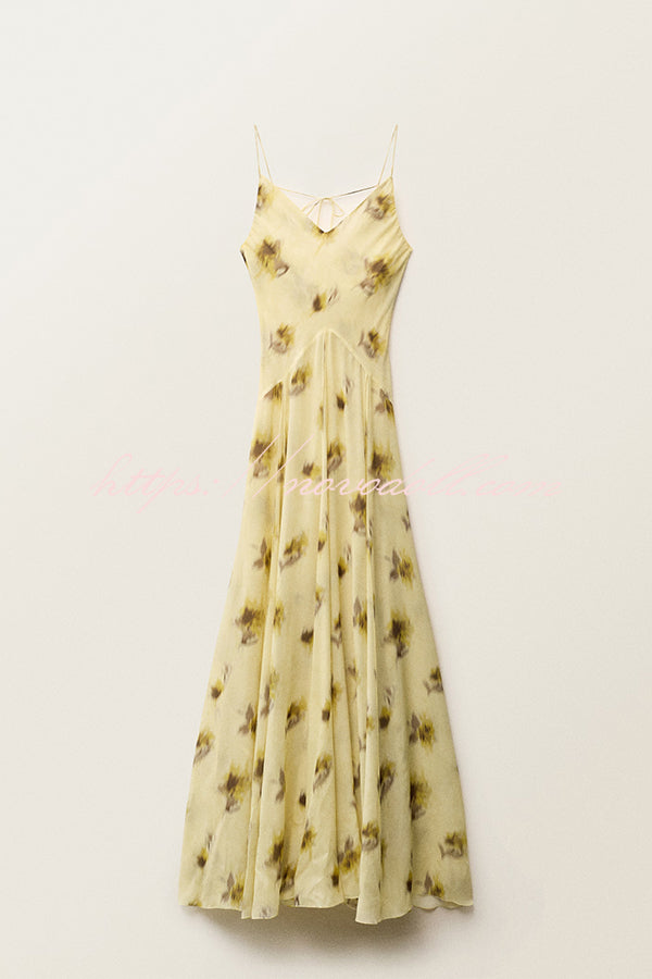 Sunset Glow Floral Print V-neck Thin Straps Flare Hem Maxi Dress