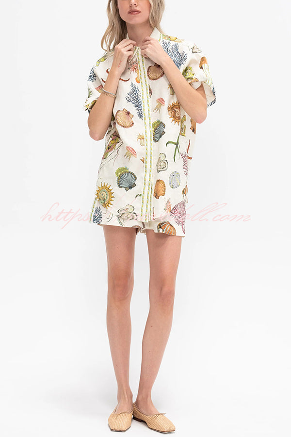 Beach Shell Print Short Sleeve Loose Shirt and Elastic Waist Tie Casual Pocket Shorts Set