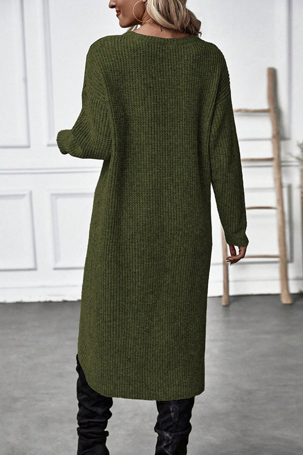 Solid Color Round Neck Long Sleeve Loose Slit Knitted Sweater