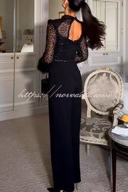 Aerie Sequin Embellished Mock Neck Long Sleeve Feather Cuff Flare Jumpsuit