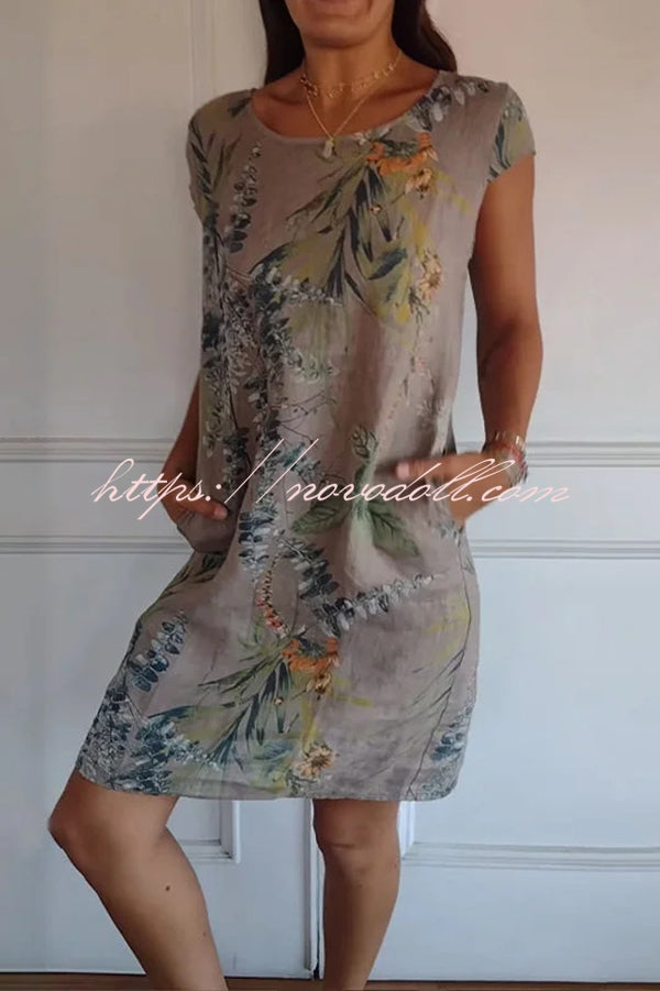 Botanical Print Linen Blend Crew Neck Short Sleeve Pocket Mini Dress