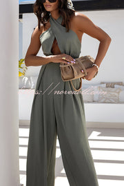 Easy Mode Cross-neck Halter Strap Backless Wide Leg Jumpsuit