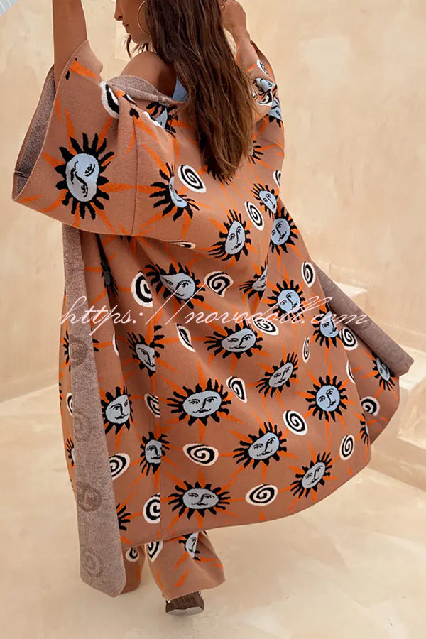 Mediterranean Art Knit Unique Sun Vortex Print Bell Sleeve Long Cardigan