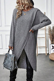 Solid Color Round Neck Long Sleeve Loose Slit Knitted Sweater