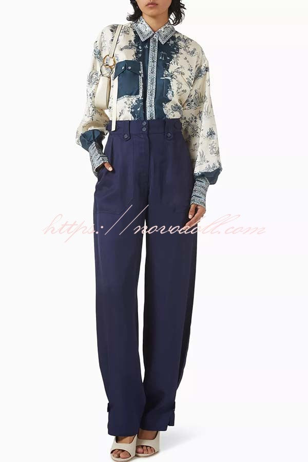 Bohemian Elegant Satin Contrast Color Unique Print Button Up Pocket Loose Blouse