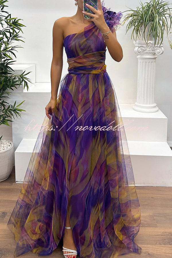 Charming Embrace Tulle Floral Pleated One Shoulder Slit Maxi Dress