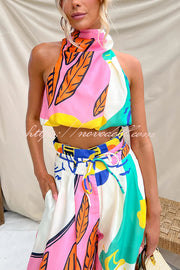 Maison Linen Blend Unique Print High Neck Top and Elastic Tie-up Waist Pocket Wide Leg Pants Set