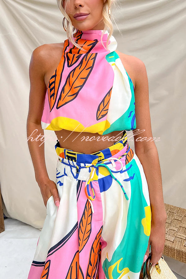 Maison Linen Blend Unique Print High Neck Top and Elastic Tie-up Waist Pocket Wide Leg Pants Set