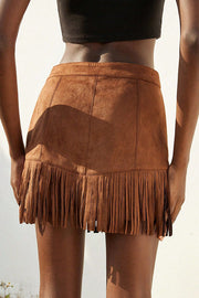 Fashion Suede Studded Tassel Hem Mini Skirt