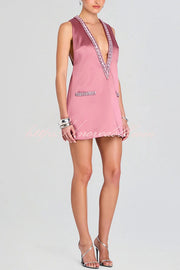 Elegant Demeanor Satin Gemstone Trim Deep V-Neck Tank H-line Mini Dress