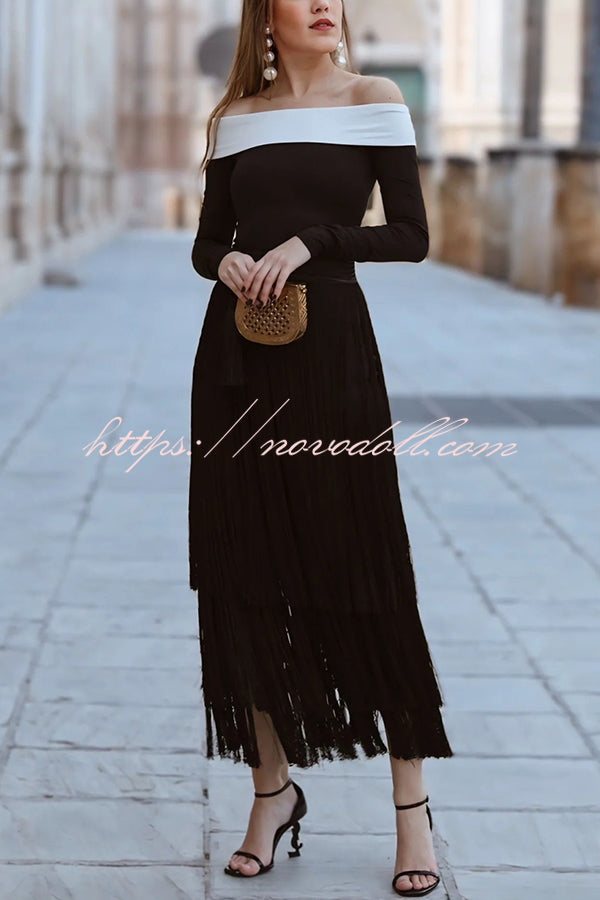 Elegant Tassel Hem Elastic Waist Casual Maxi Skirt