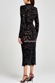 Diane Velvet Embroidered Floral Lace Long Sleeve Belt Scallop Edge Midi Dress
