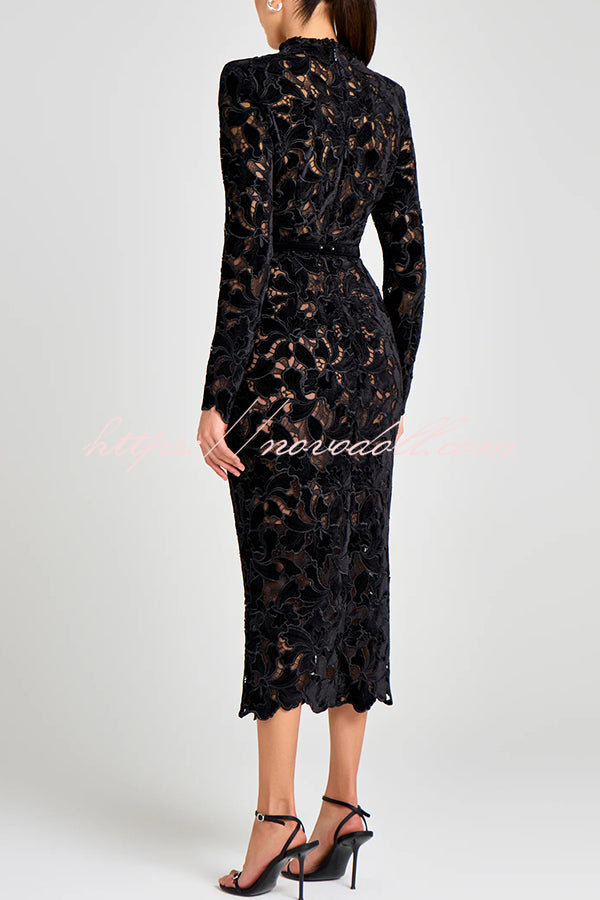 Diane Velvet Embroidered Floral Lace Long Sleeve Belt Scallop Edge Midi Dress