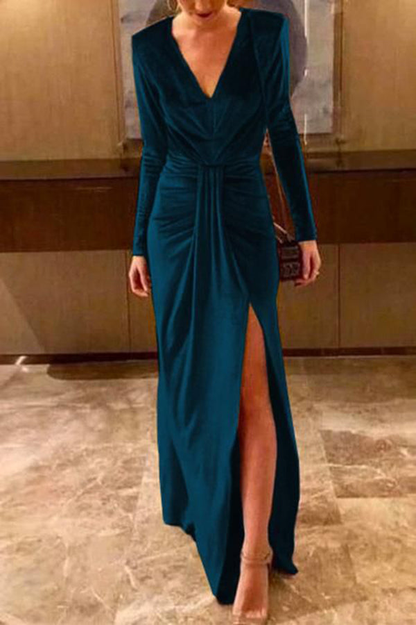 Solid Color Velvet V-neck Long Sleeve Elegant Slit Maxi Dress