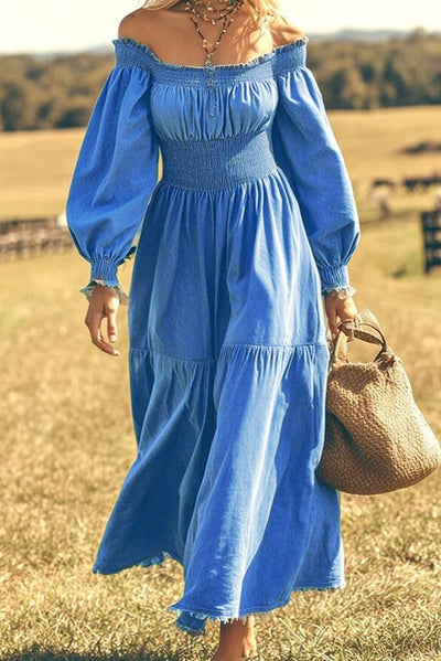 Bohemian Style Off Shoulder Long-sleeved Pleated Waist Maxi Dress