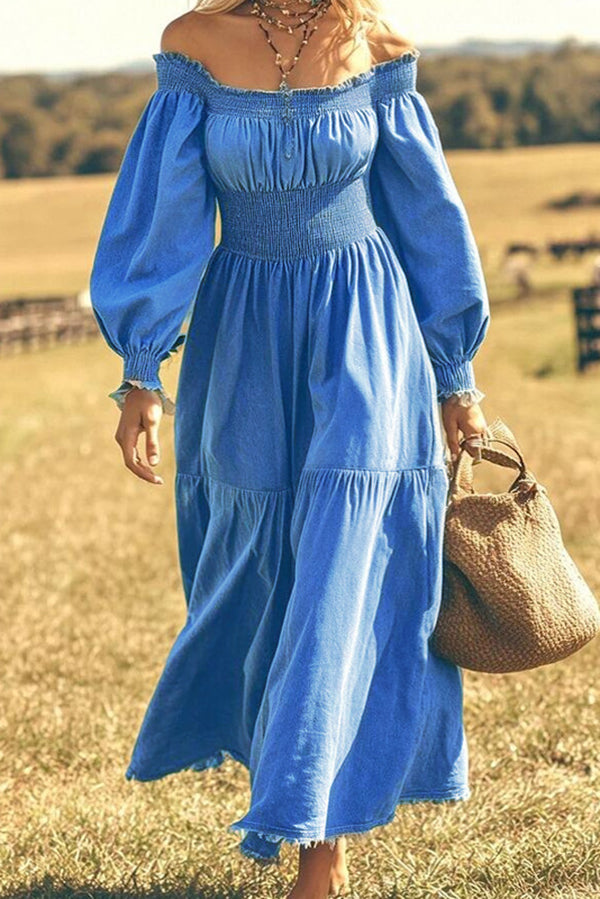Bohemian Style Off Shoulder Long-sleeved Pleated Waist Maxi Dress