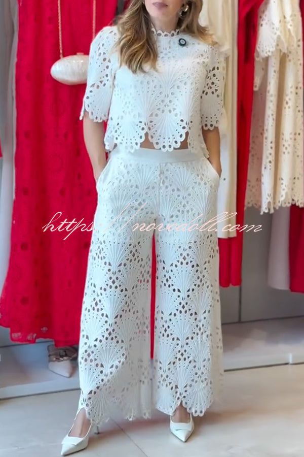 Eliose Scallop Cutout Embroidery Lace Short Sleeve Loose Top