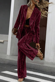 Solid Color Velvet Loose Long-sleeved Top and Elastic Waist Pocket Casual Straight-leg Pants Set