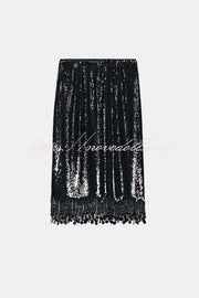 City Queen Sequin Tassel Round Pieces High Rise Back Zipper Midi Skirt