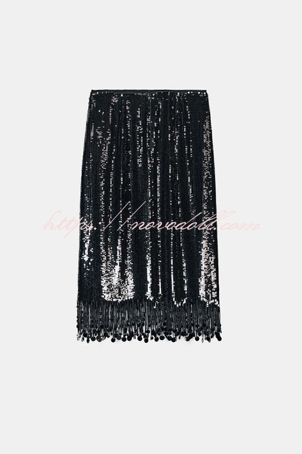 City Queen Sequin Tassel Round Pieces High Rise Back Zipper Midi Skirt
