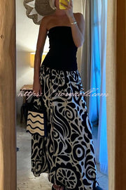 Gina Contrast Color Unique Print Strapless Stretch Maxi Dress