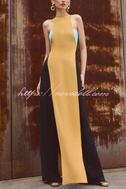 Fashionable Contrast Color Stitching Sleeveless Slim Maxi Dress