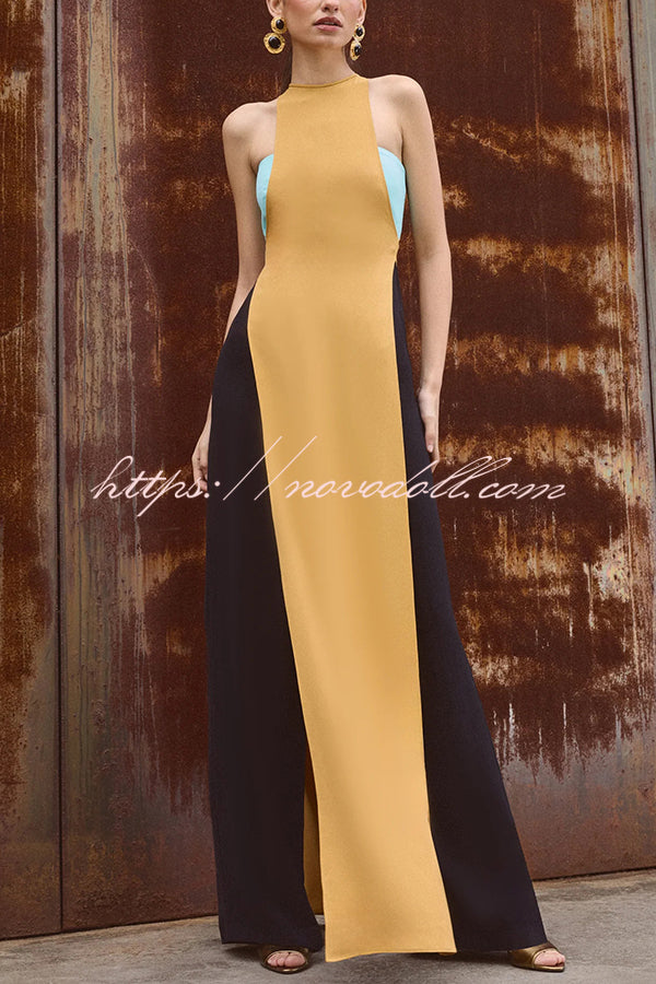 Fashionable Contrast Color Stitching Sleeveless Slim Maxi Dress