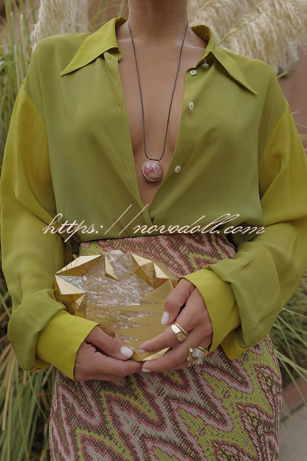 Moonlit Waltz Gradient Print Button Up Long Sleeve Loose Blouse