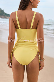 Solid Color Drawstring Waist Mesh One-Piece Swimsuit