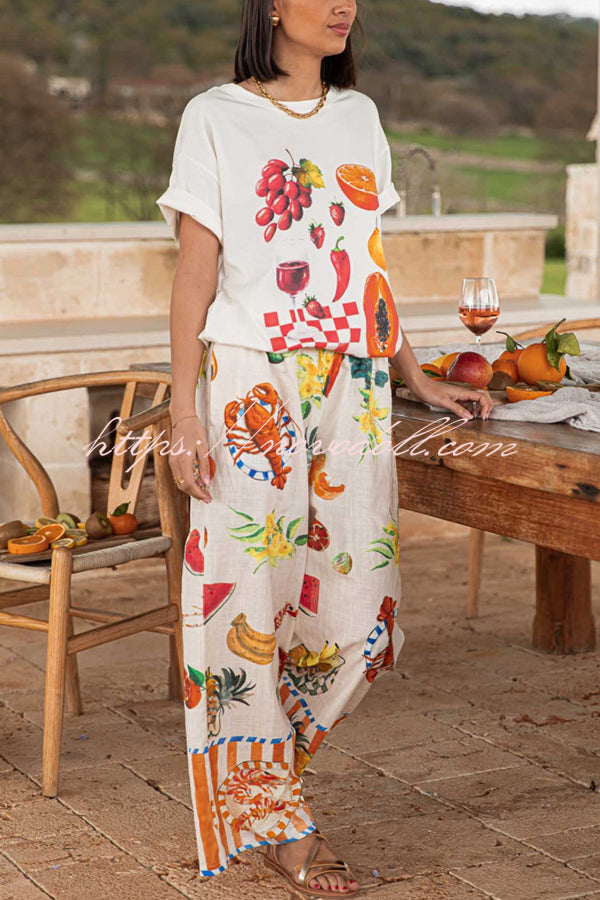 Unique Printed Elastic Waist Pocket Vacation Casual Wide Leg Pants