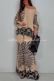 Unique Print Loose Drawstring Long Sleeve Top and Elastic Waist Casual Pocket Wide Leg Pants Set