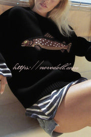 Fashionable Fish Pattern Round Neck Loose Knitted Sweater