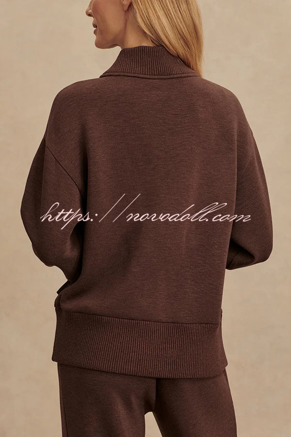 Meet The Autumn Ribbed Zipper Neck Sweatshirt and Elastic Waist Pocketed Loose Pants Set