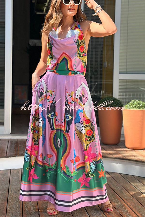 Evangeline Satin Unique Print Back Tie-up Pocket Halter Maxi Dress