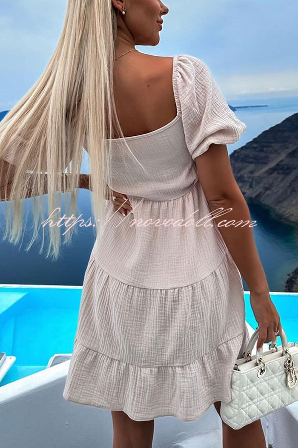 Solid Color Versatile Lace-Up V Neck Balloon Sleeve Mini Dress