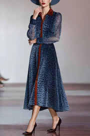 Stylish Leopard Print Long-sleeved Fitted Waist Elegant Midi Dress