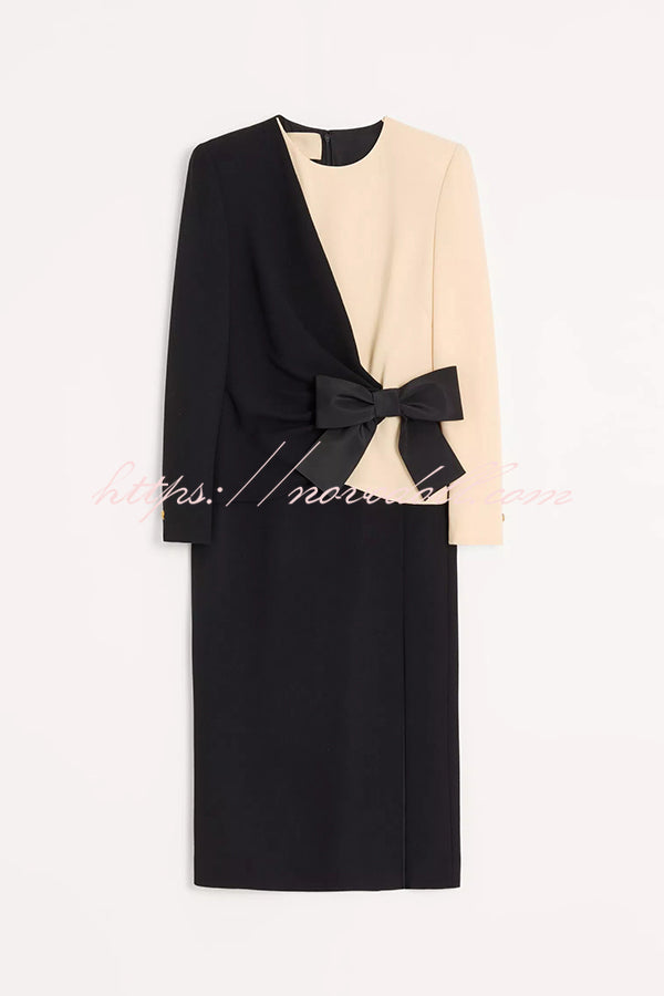 Love Unfolded Contrast Color Side Bow Tie-up Long Sleeve Slit Midi Dress