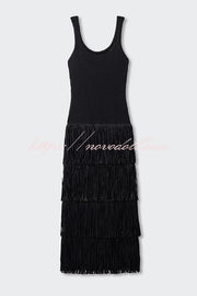Solid Color Sleeveless Slim Fit Fringed Hem Knitted Midi Dress