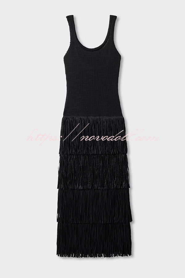 Solid Color Sleeveless Slim Fit Fringed Hem Knitted Midi Dress