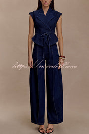 Charley Denim Button Up Cap Short Sleeve Structured Tie-up Lapel Top