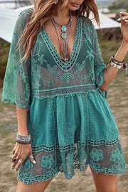 Lace V Neck Hollow Short Sleeved Cover Up