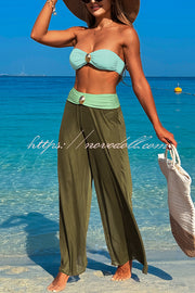 Solid Color Metal Button Decorated Stretch Two-piece Bikini Swimsuit