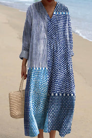 Blue Spot Print V-Neck Long Sleeve Loose Midi Dress