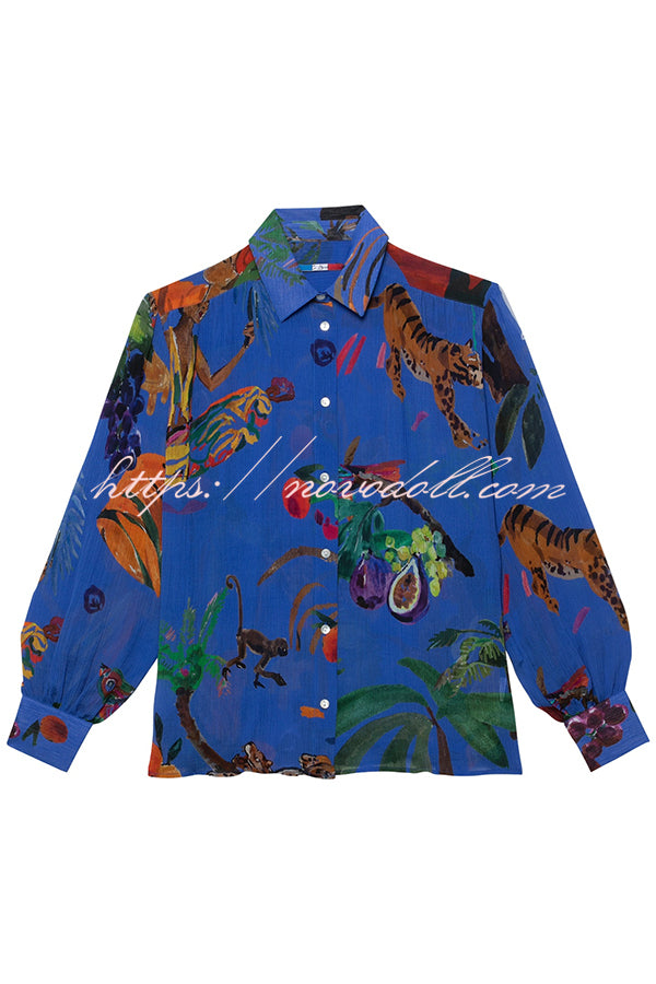 Unique Print Lapel Long Sleeve Loose Shirt and Elastic Waist Pocket Wide Leg Pants Set