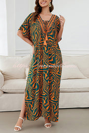 Floral Print V-Neck Lace-Up Loose Holiday Cover-Up Maxi Dress